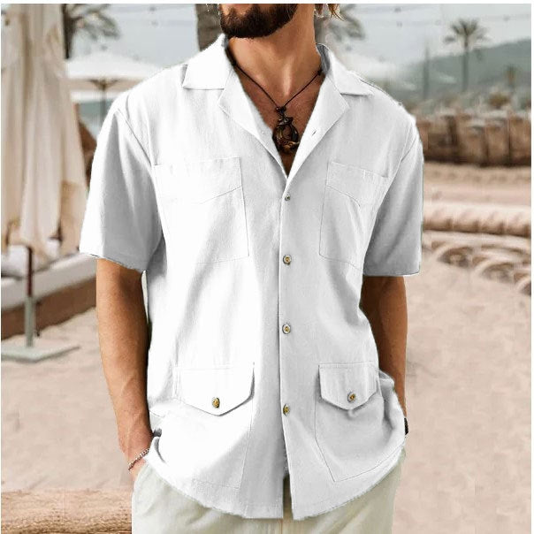 Casual Short-Sleeve Solid Color Shirt With Pockets For Men