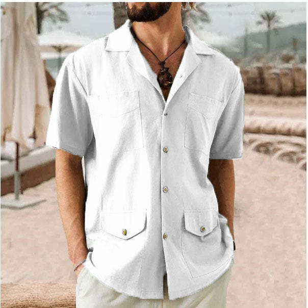Casual Short-Sleeve Solid Color Shirt With Pockets For Men