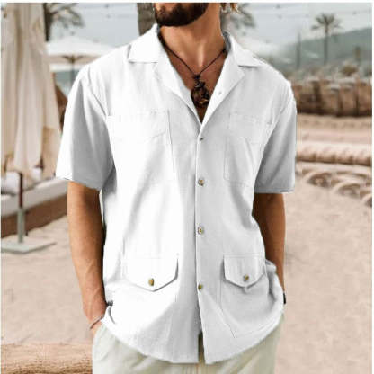 Casual Short-Sleeve Solid Color Shirt With Pockets For Men