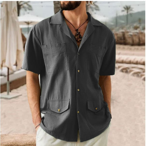 Casual Short-Sleeve Solid Color Shirt With Pockets For Men