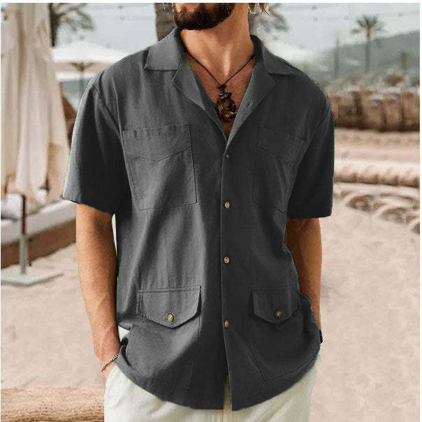Casual Short-Sleeve Solid Color Shirt With Pockets For Men