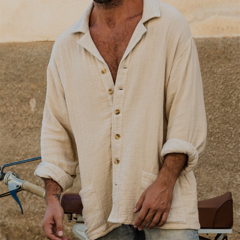 Casual Long-Sleeve Solid Color Shirt With Lapel And Pockets For Men