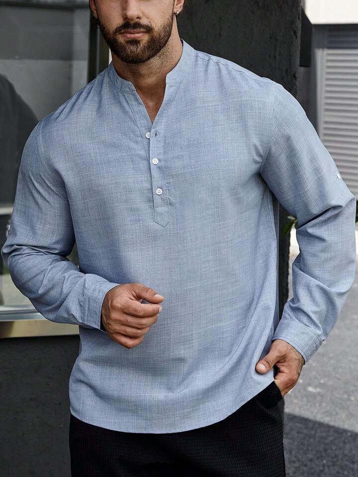 Solid Color Casual Shirt For Men With Stand Collar And Long Sleeves