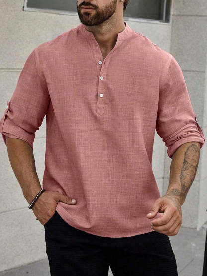 Solid Color Casual Shirt For Men With Stand Collar And Long Sleeves