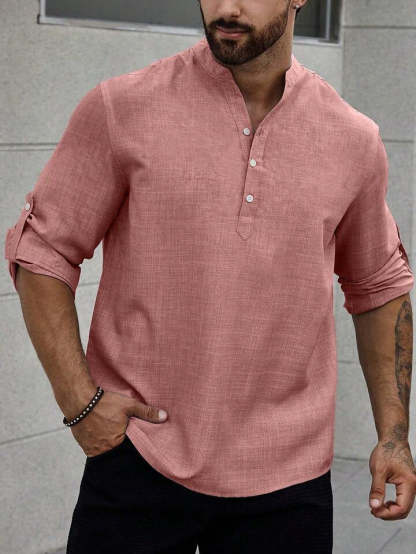 Solid Color Casual Shirt For Men With Stand Collar And Long Sleeves