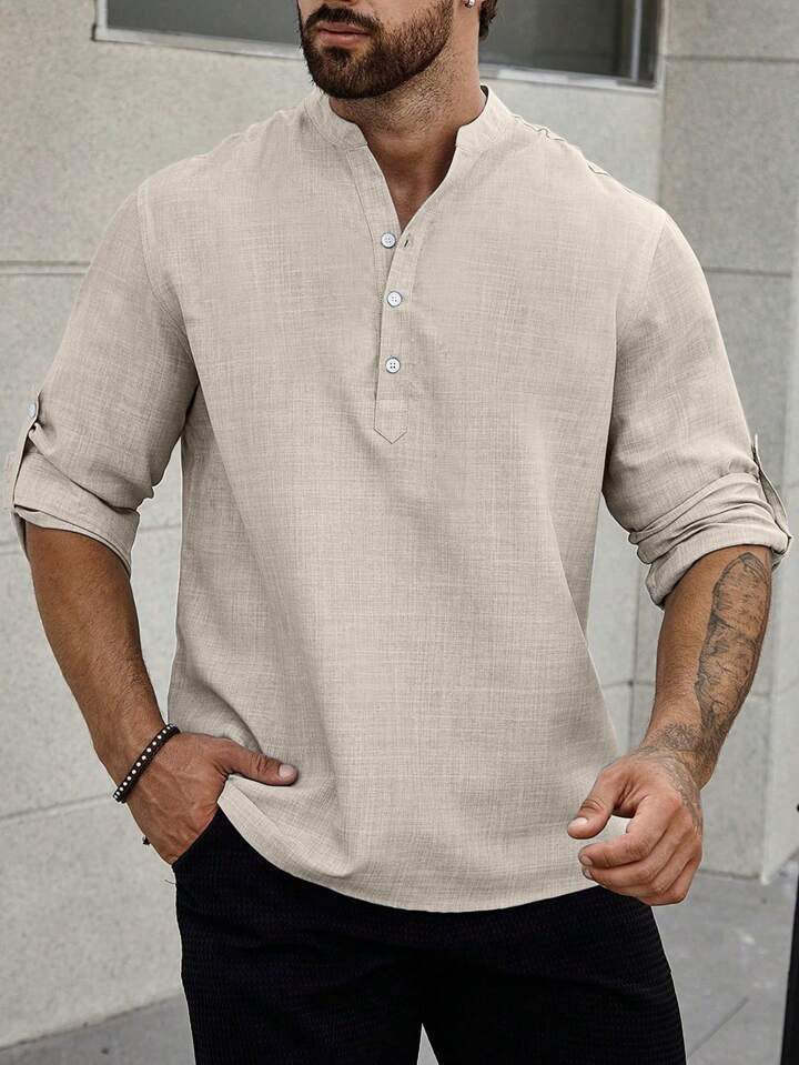 Solid Color Casual Shirt For Men With Stand Collar And Long Sleeves