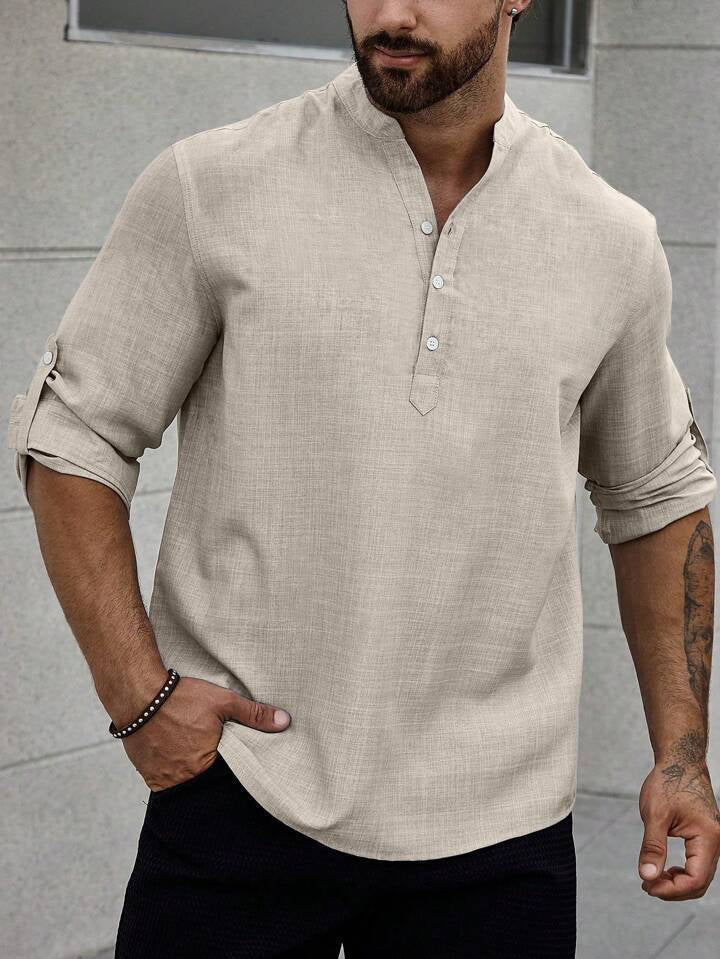 Solid Color Casual Shirt For Men With Stand Collar And Long Sleeves
