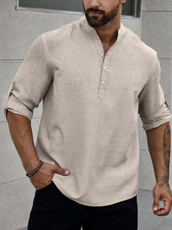 Solid Color Casual Shirt For Men With Stand Collar And Long Sleeves