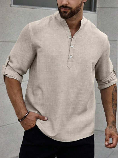 Solid Color Casual Shirt For Men With Stand Collar And Long Sleeves