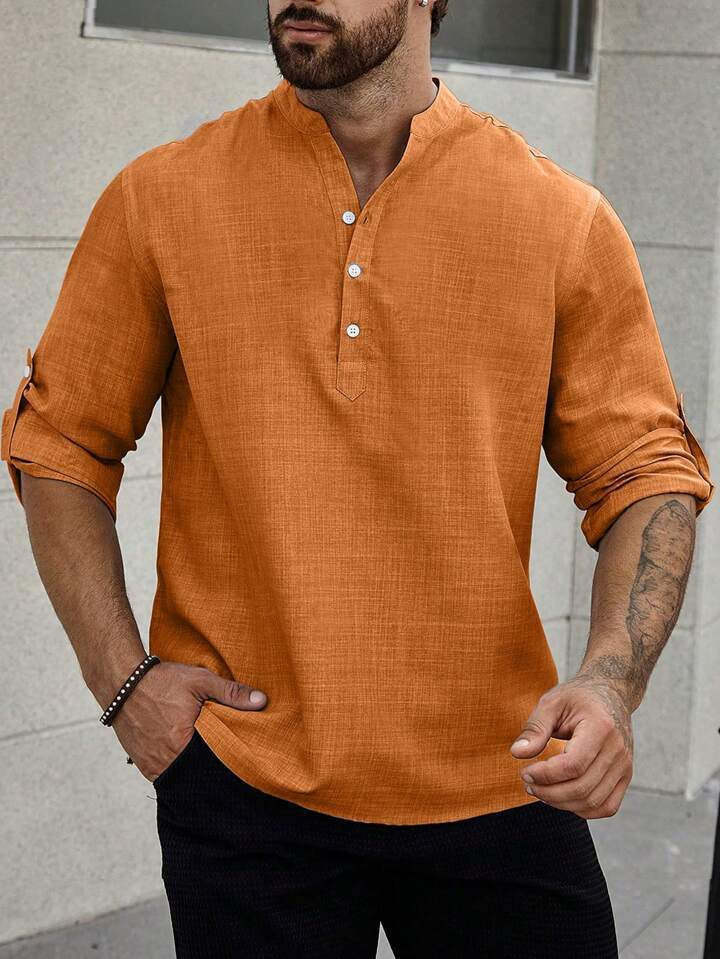 Solid Color Casual Shirt For Men With Stand Collar And Long Sleeves