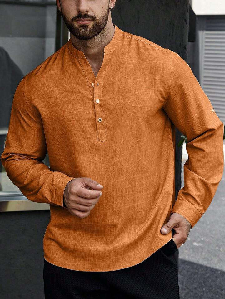 Solid Color Casual Shirt For Men With Stand Collar And Long Sleeves