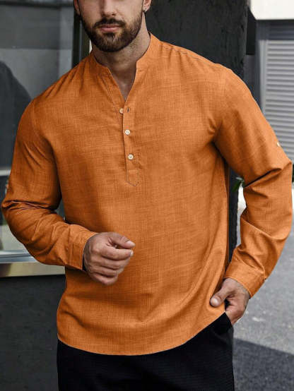Solid Color Casual Shirt For Men With Stand Collar And Long Sleeves