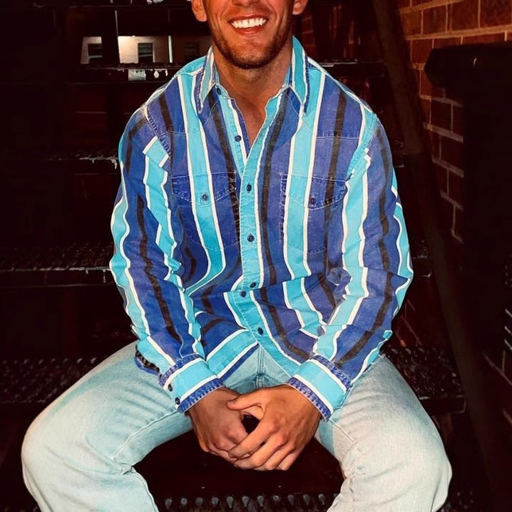 Casual Striped Shirt For Men With 3D Floral Design And Long Loose Sleeves