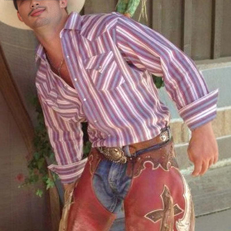 Casual Striped Shirt For Men With 3D Floral Design And Long Loose Sleeves