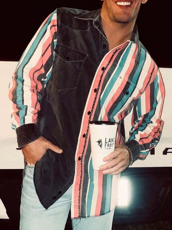 Casual Striped Shirt For Men With 3D Floral Design And Long Loose Sleeves