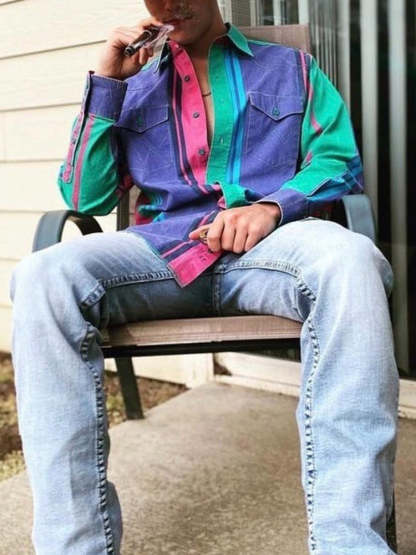 Casual Striped Shirt For Men With 3D Floral Design And Long Loose Sleeves