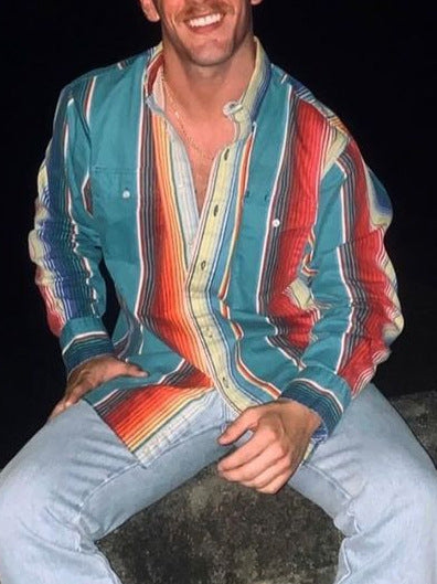 Casual Striped Shirt For Men With 3D Floral Design And Long Loose Sleeves