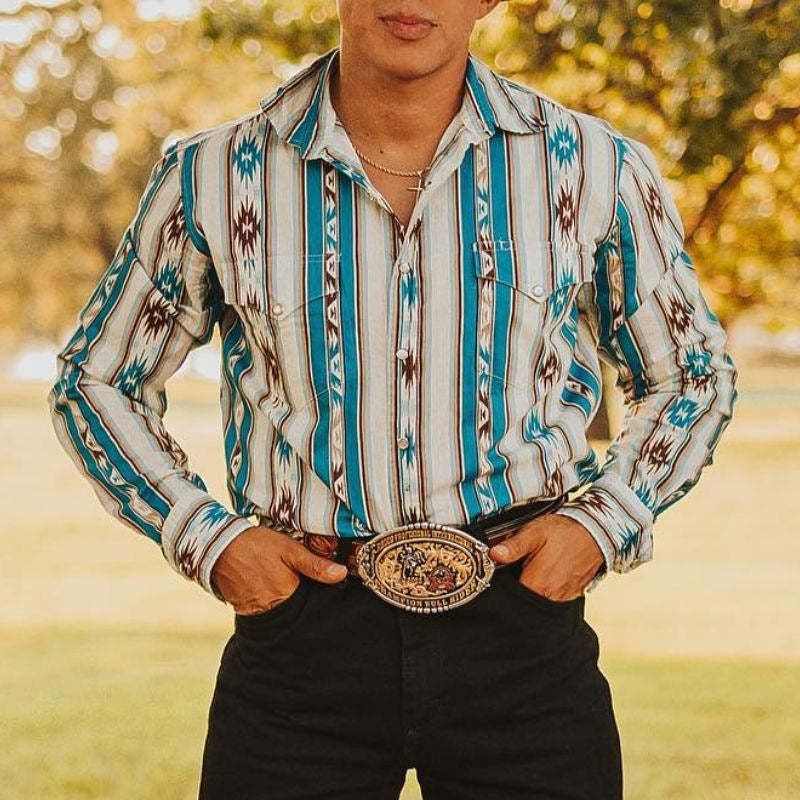 Casual Striped Shirt For Men With 3D Floral Design And Long Loose Sleeves