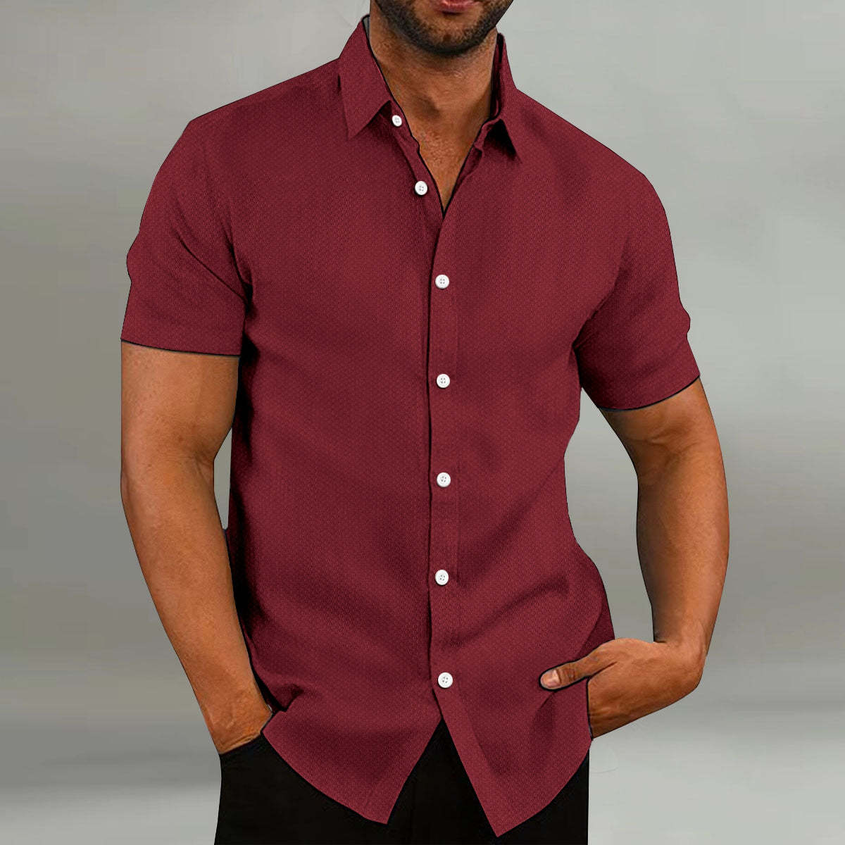 Men's Casual Short Sleeve Shirt With Lapel In Solid Color Breathable Fabric