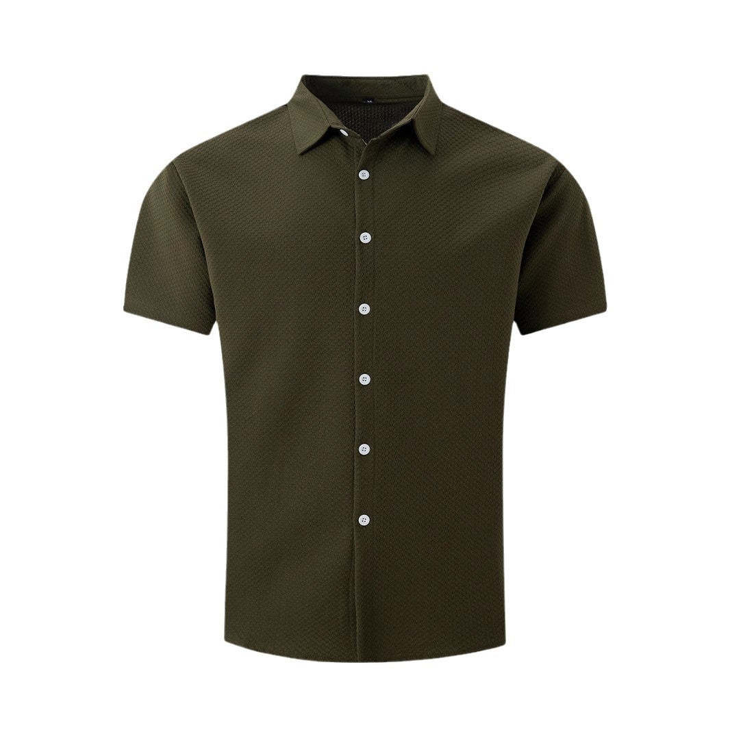Men's Casual Short Sleeve Shirt With Lapel In Solid Color Breathable Fabric
