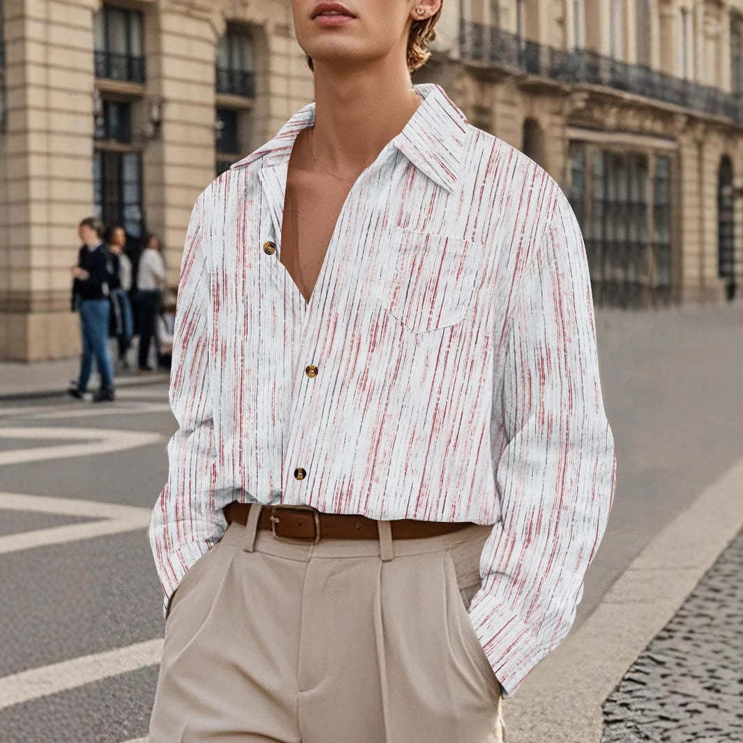 Vintage Striped Casual Shirt With Pocket For Men Long Sleeves