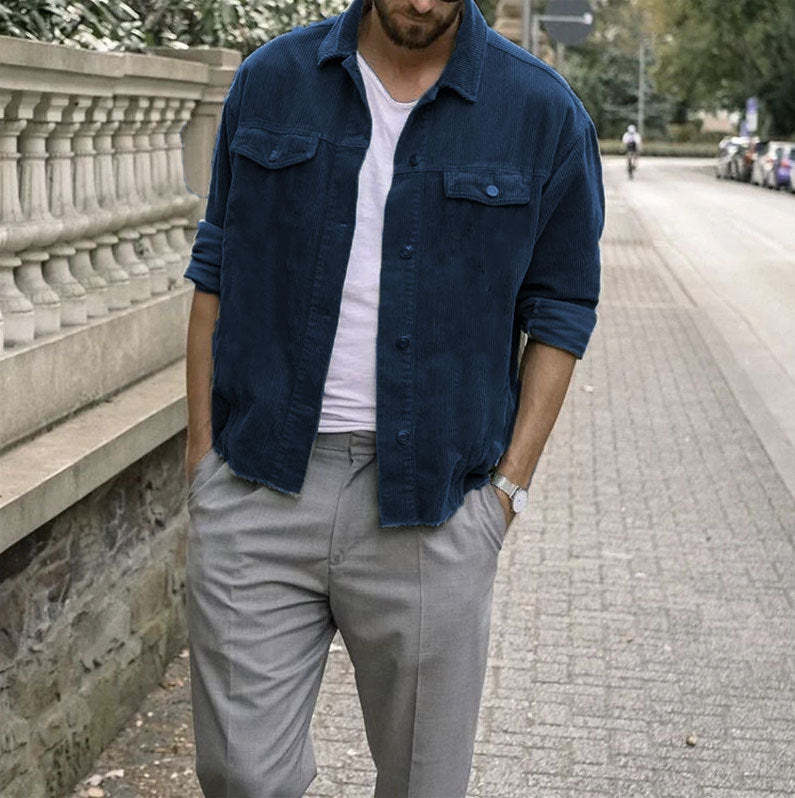 Casual Punk Corduroy Loose Jacket For Men With Long Sleeves And Pockets