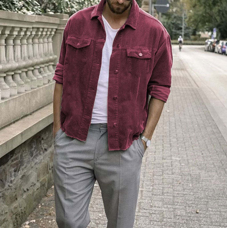 Casual Punk Corduroy Loose Jacket For Men With Long Sleeves And Pockets