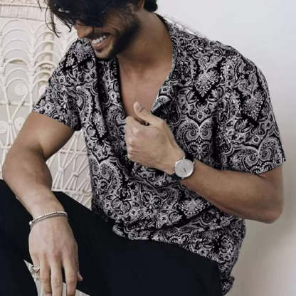 Casual Short-Sleeved Loose Beach Shirt With Floral Lapel For Men