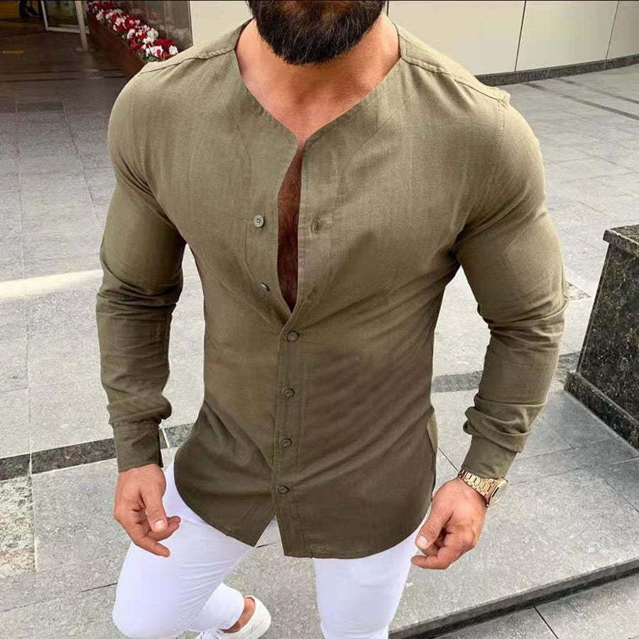 Slim Fit Solid Color Shirt With Round Neck And Long Sleeves For Men