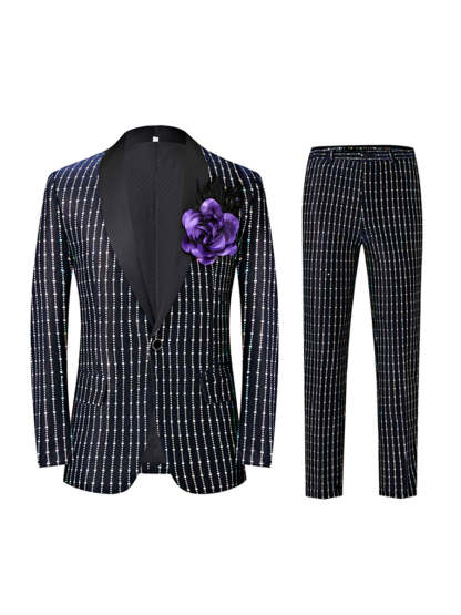 Men's Black Retro Tailored Fit One-Button Party Suit With Square Sequins