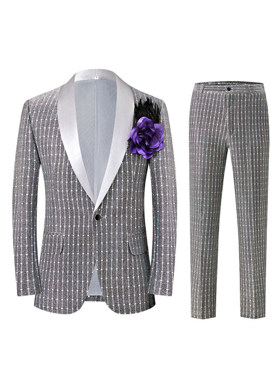 Men's Black Retro Tailored Fit One-Button Party Suit With Square Sequins