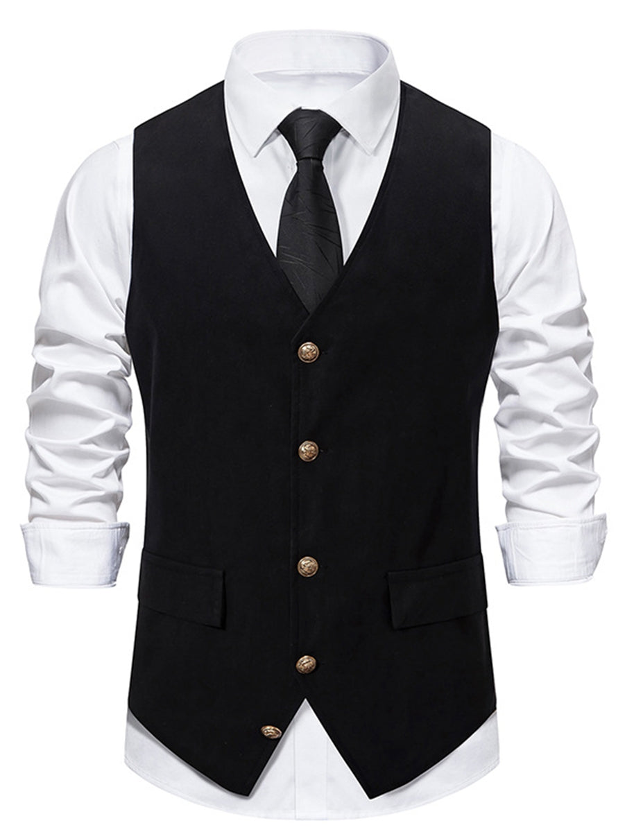 Men's Retro Black V-Neck Casual Vest With Pocket Belt & Solid Single Breasted Buttons