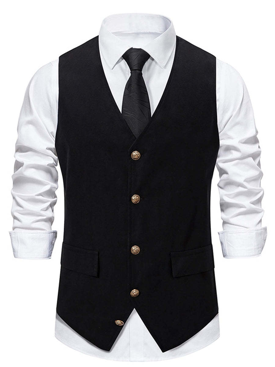 Men's Retro Black V-Neck Casual Vest With Pocket Belt & Solid Single Breasted Buttons