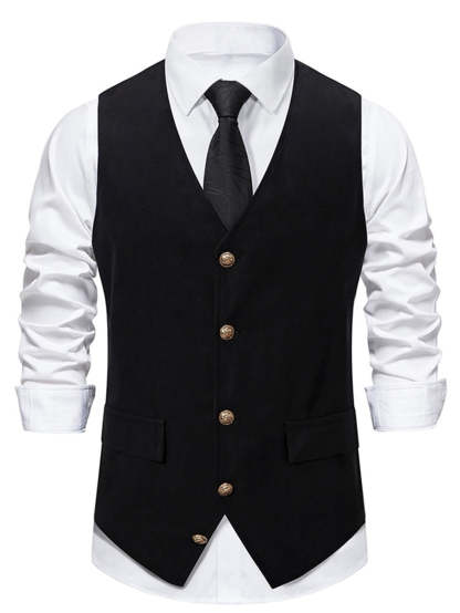 Men's Retro Black V-Neck Casual Vest With Pocket Belt & Solid Single Breasted Buttons