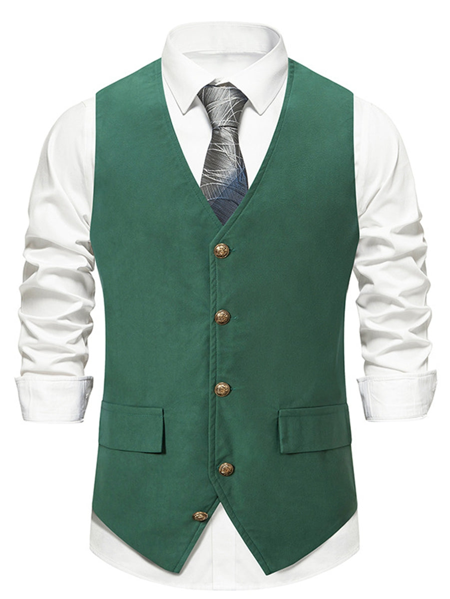 Men's Retro Black V-Neck Casual Vest With Pocket Belt & Solid Single Breasted Buttons