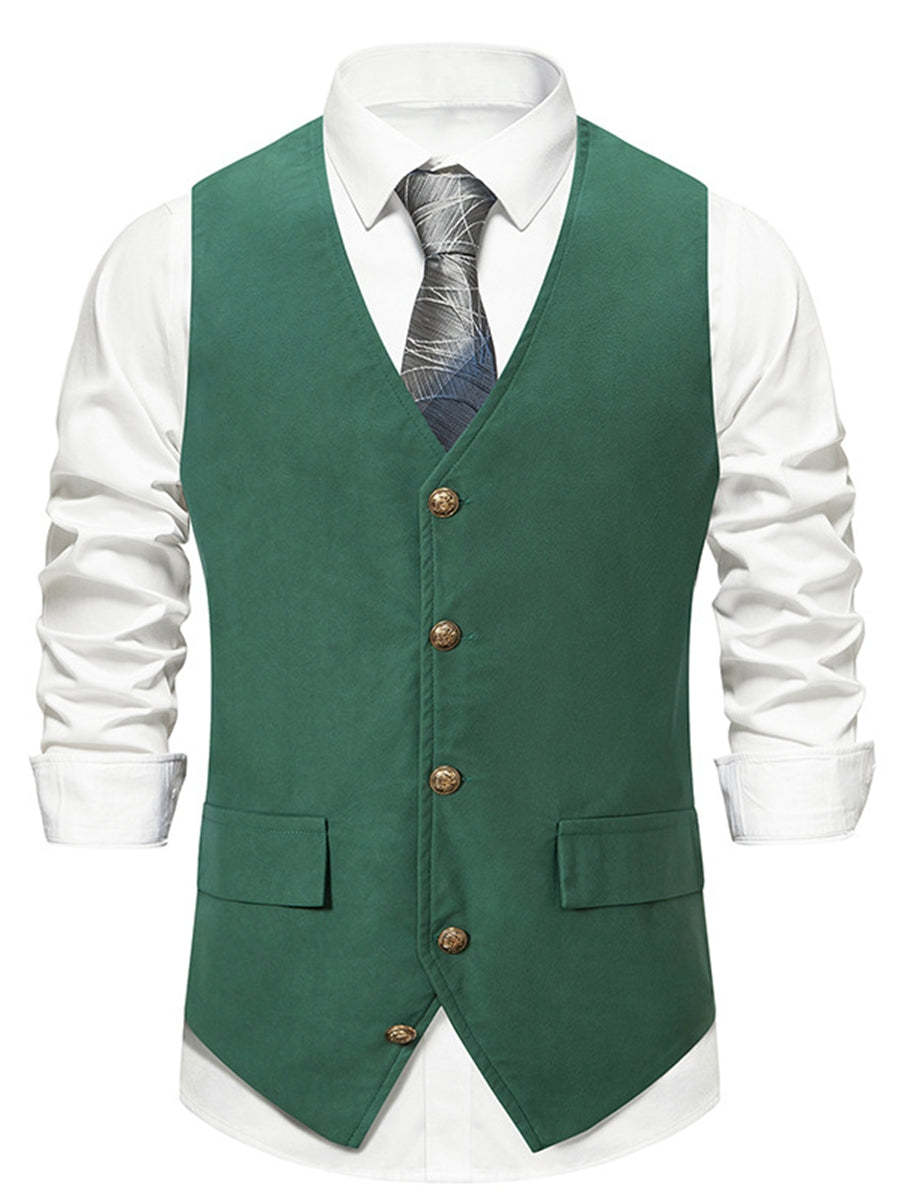 Men's Retro Black V-Neck Casual Vest With Pocket Belt & Solid Single Breasted Buttons