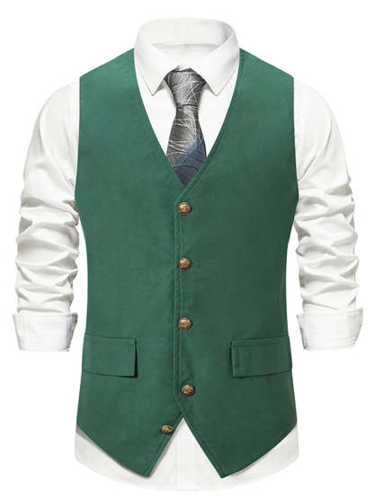 Men's Retro Black V-Neck Casual Vest With Pocket Belt & Solid Single Breasted Buttons