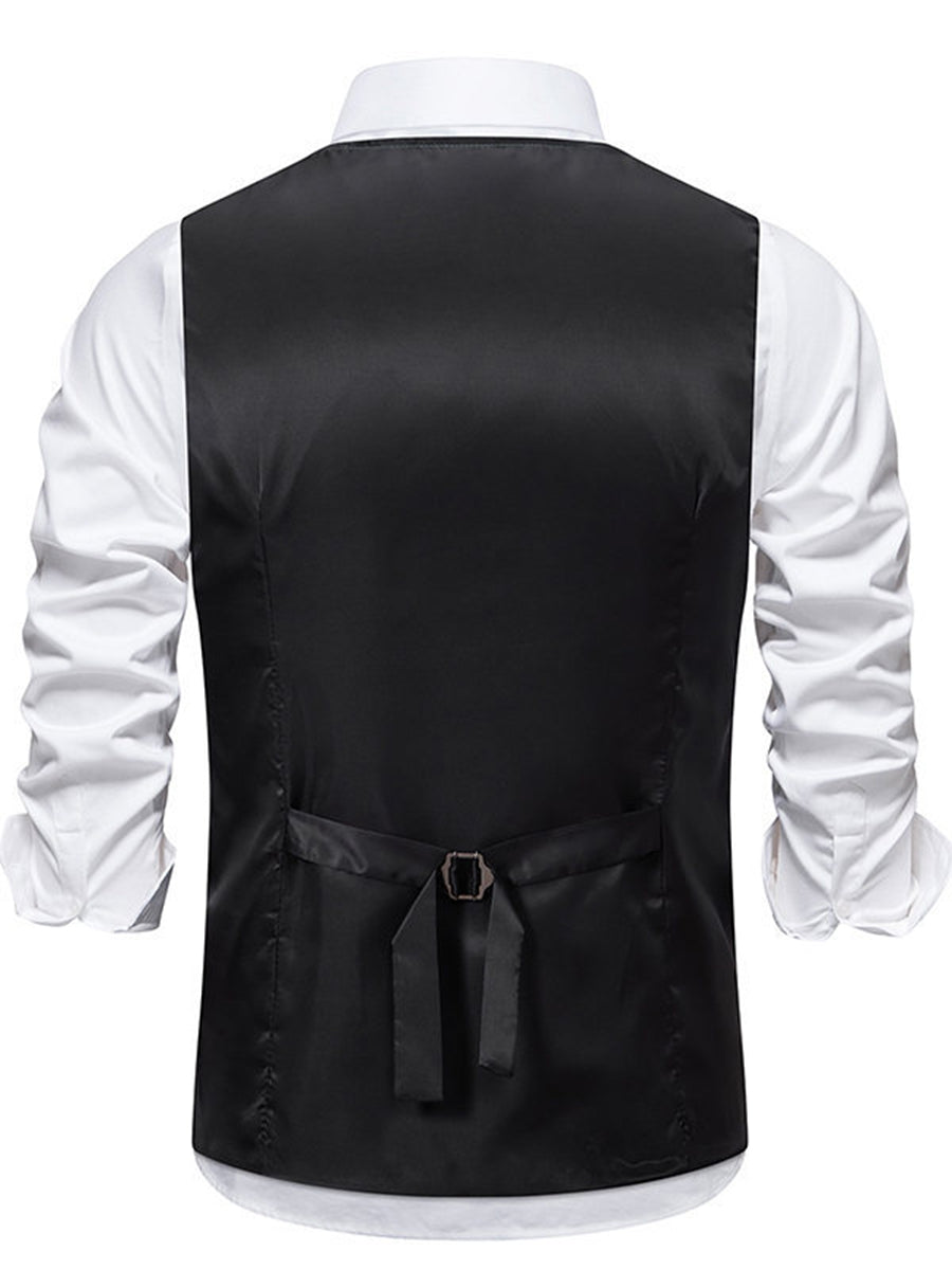 Men's Retro Black V-Neck Casual Vest With Pocket Belt & Solid Single Breasted Buttons