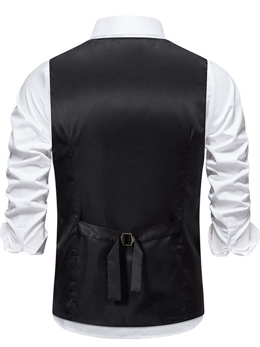 Men's Retro Black V-Neck Casual Vest With Pocket Belt & Solid Single Breasted Buttons
