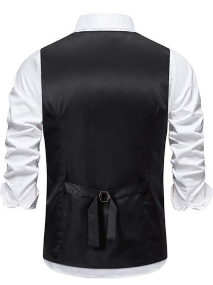 Men's Retro Black V-Neck Casual Vest With Pocket Belt & Solid Single Breasted Buttons