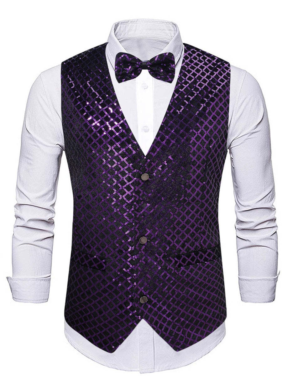 Men's Sparkling Purple Sequined V-Neck Vest With Pocket Belt And Single Breasted Buttons