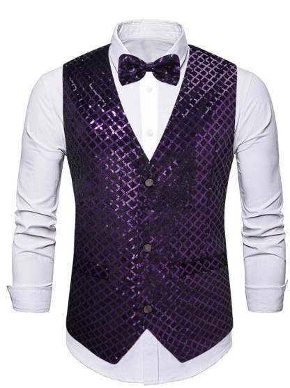 Men's Sparkling Purple Sequined V-Neck Vest With Pocket Belt And Single Breasted Buttons