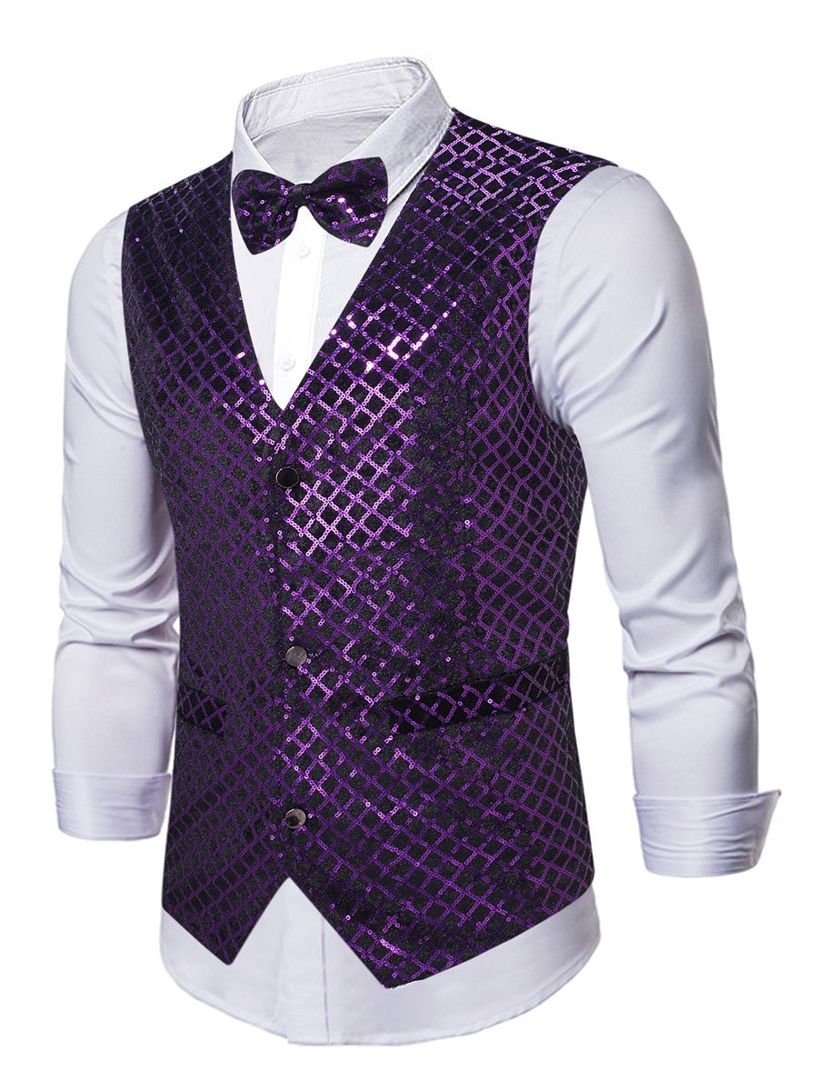 Men's Sparkling Purple Sequined V-Neck Vest With Pocket Belt And Single Breasted Buttons