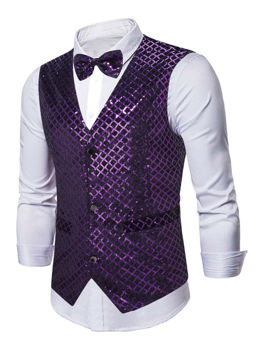 Men's Sparkling Purple Sequined V-Neck Vest With Pocket Belt And Single Breasted Buttons
