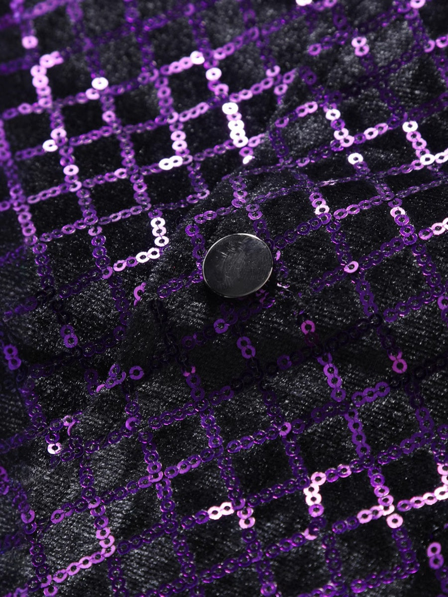 Men's Sparkling Purple Sequined V-Neck Vest With Pocket Belt And Single Breasted Buttons