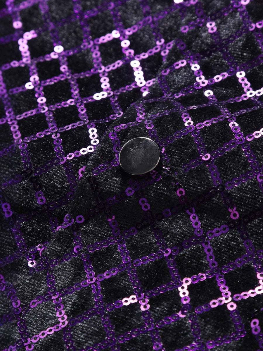 Men's Sparkling Purple Sequined V-Neck Vest With Pocket Belt And Single Breasted Buttons