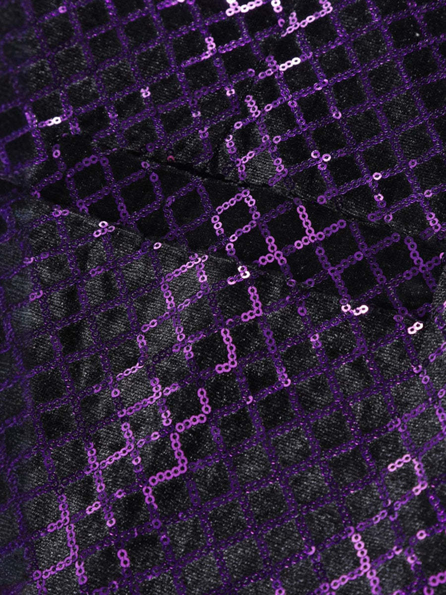 Men's Sparkling Purple Sequined V-Neck Vest With Pocket Belt And Single Breasted Buttons