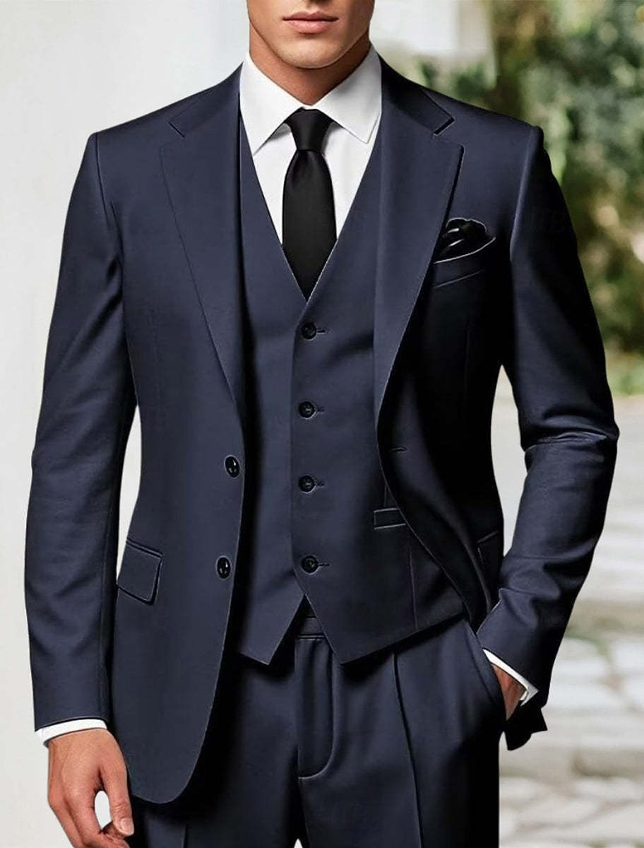 Men's Navy Blue Business Suit Set - Standard Fit Single Breasted 2-Button 3-Piece Wedding & Party Attire-BMbridal.UK
