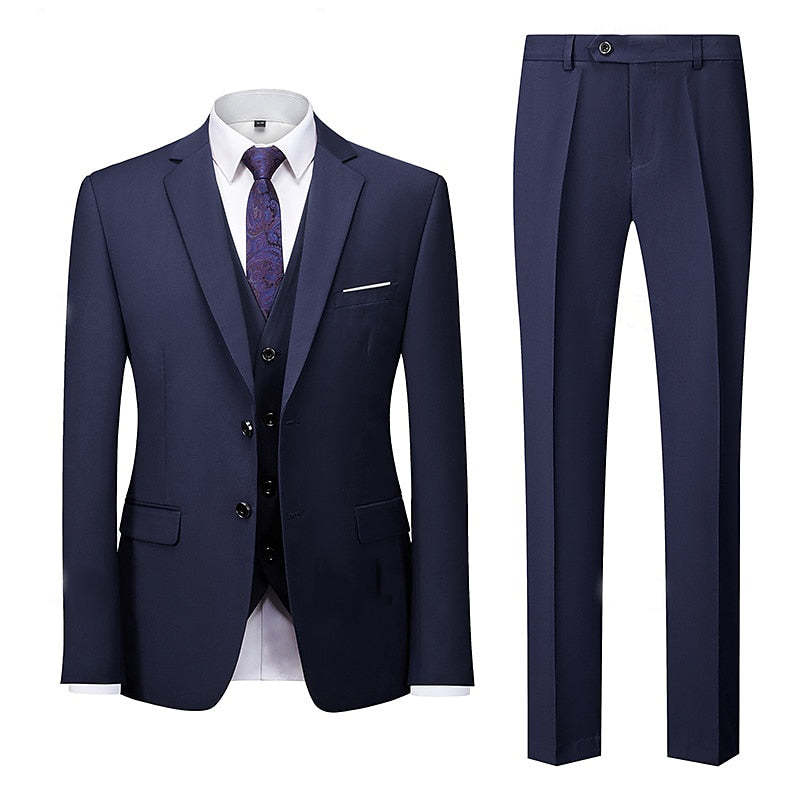 Men's Navy Blue Business Suit Set - Standard Fit Single Breasted 2-Button 3-Piece Wedding & Party Attire-BMbridal.UK