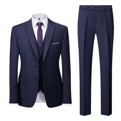 Men's Navy Blue Business Suit Set - Standard Fit Single Breasted 2-Button 3-Piece Wedding & Party Attire-BMbridal.UK